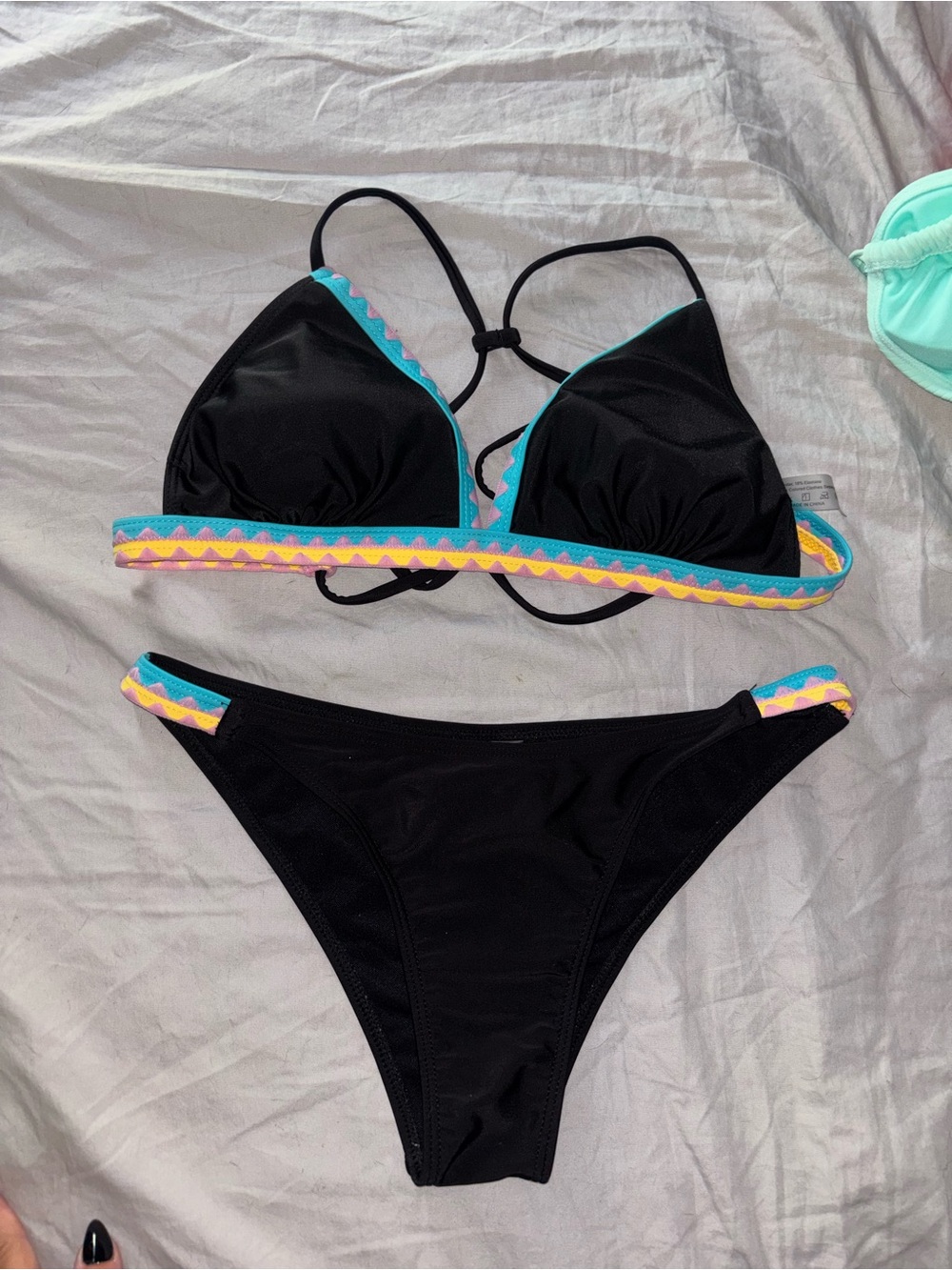 SHEIN Black Bikini with Turquoise, Pink & Yellow Trim